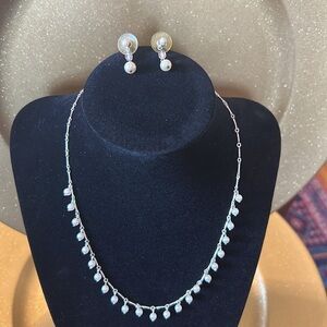 Pearl Necklace & Pierced Earrings Set; Small Delicate Pearls on silver 15” chain